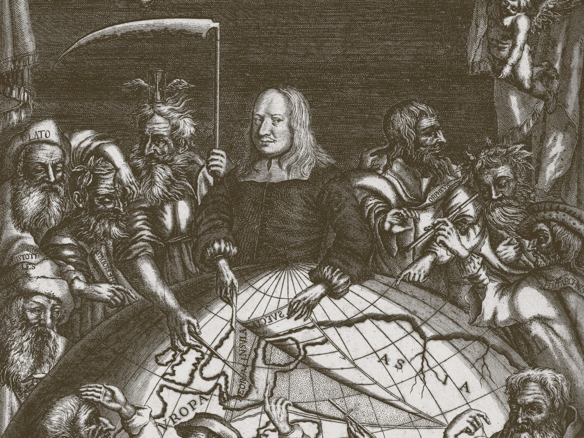 An anatomist leading a scalpel across a large globe, surrounding by an audience